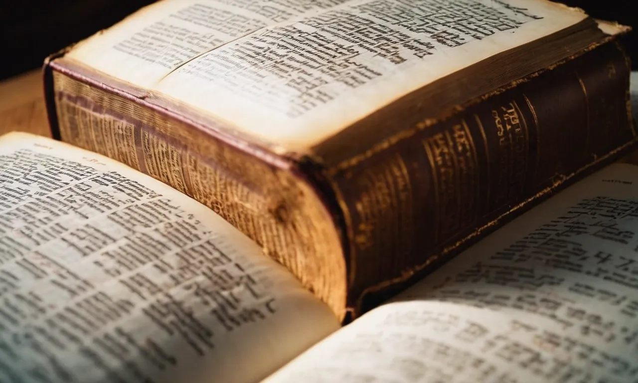 A close-up capture of a worn-out, dog-eared Bible, its pages revealing numerous highlighted verses and handwritten notes, showcasing the diligent process of conducting a word study in the Scriptures.