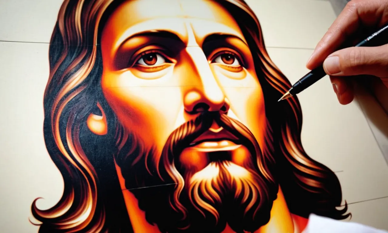 A close-up photo capturing a skilled hand gently sketching the serene face of Jesus on a blank canvas, showcasing the artist's ease and precision in capturing his likeness.