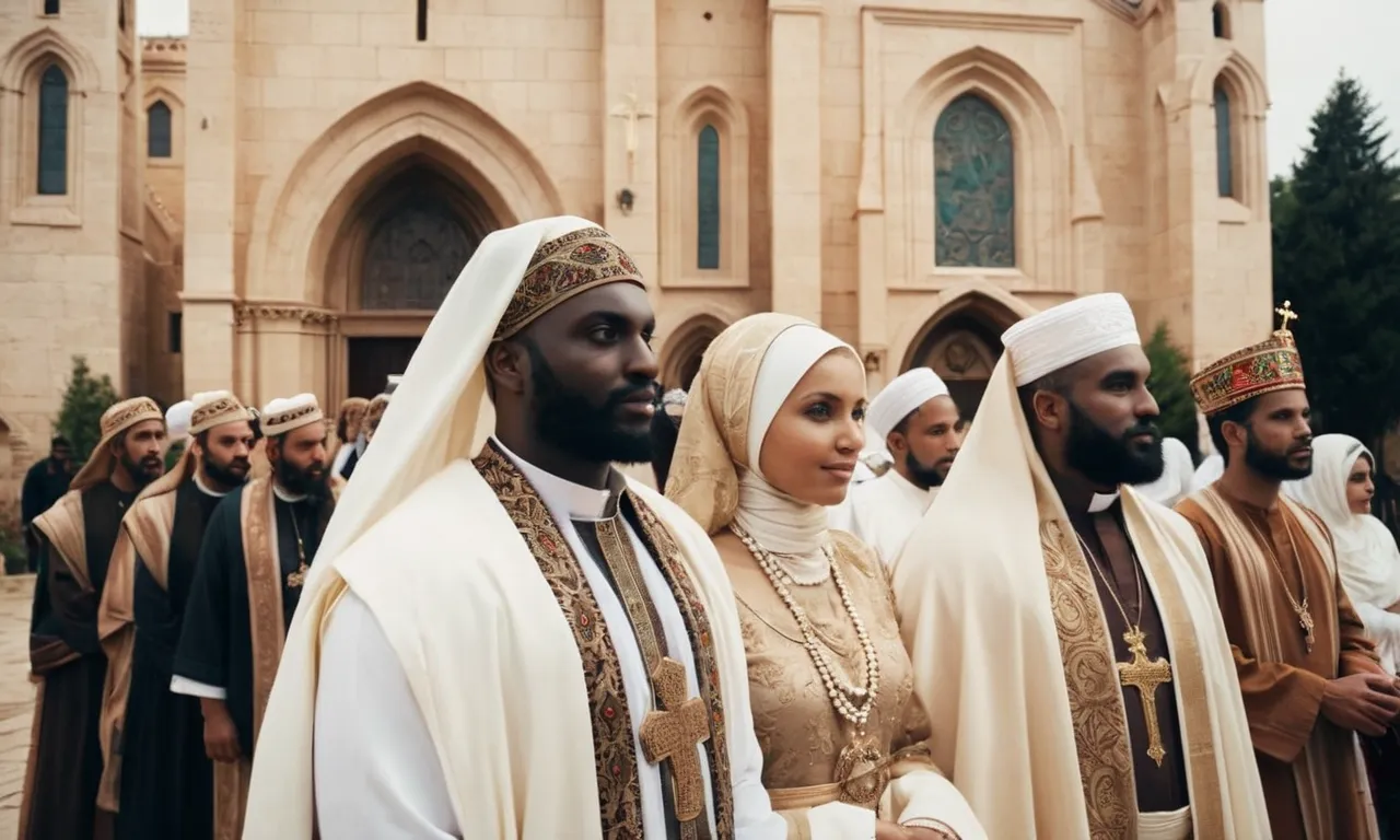 A photo capturing a group of people dressed in modest attire, adorned with traditional garments, as they gather outside a serene church, reminiscent of biblical times.