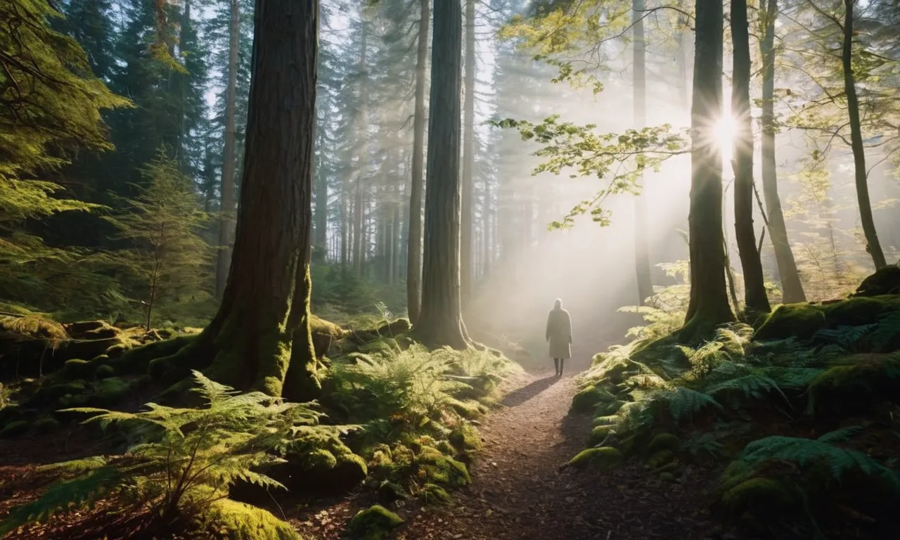 A captivating photo of a lone figure standing at the entrance of a mystical forest, bathed in ethereal light, evoking a sense of awe and curiosity about how to enter the secret place of God.