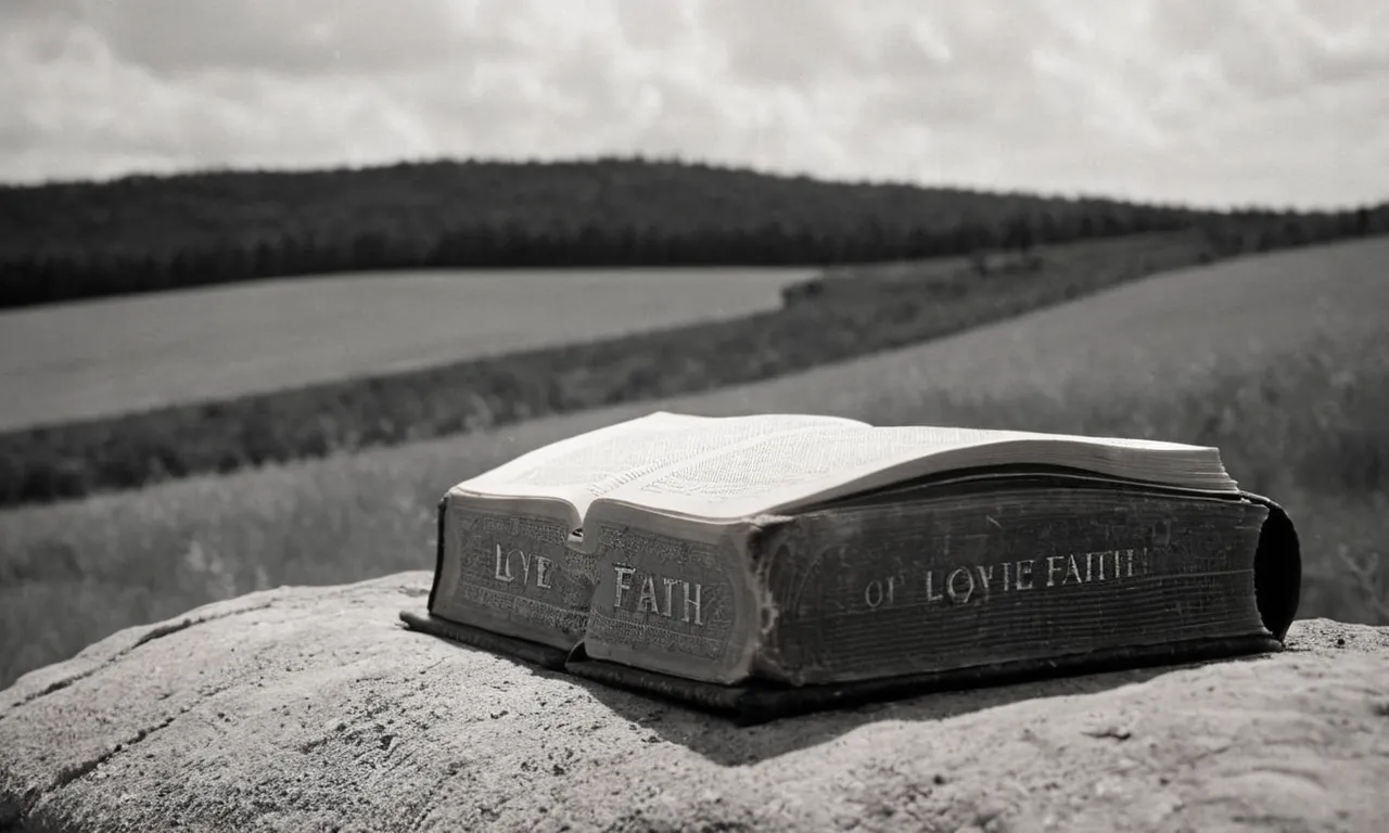 A captivating black and white photograph, showcasing a Bible resting open on a weathered battlefield, its pages fluttering, as rays of light pierce through, illuminating the words "Love," "Faith," and "Victory."