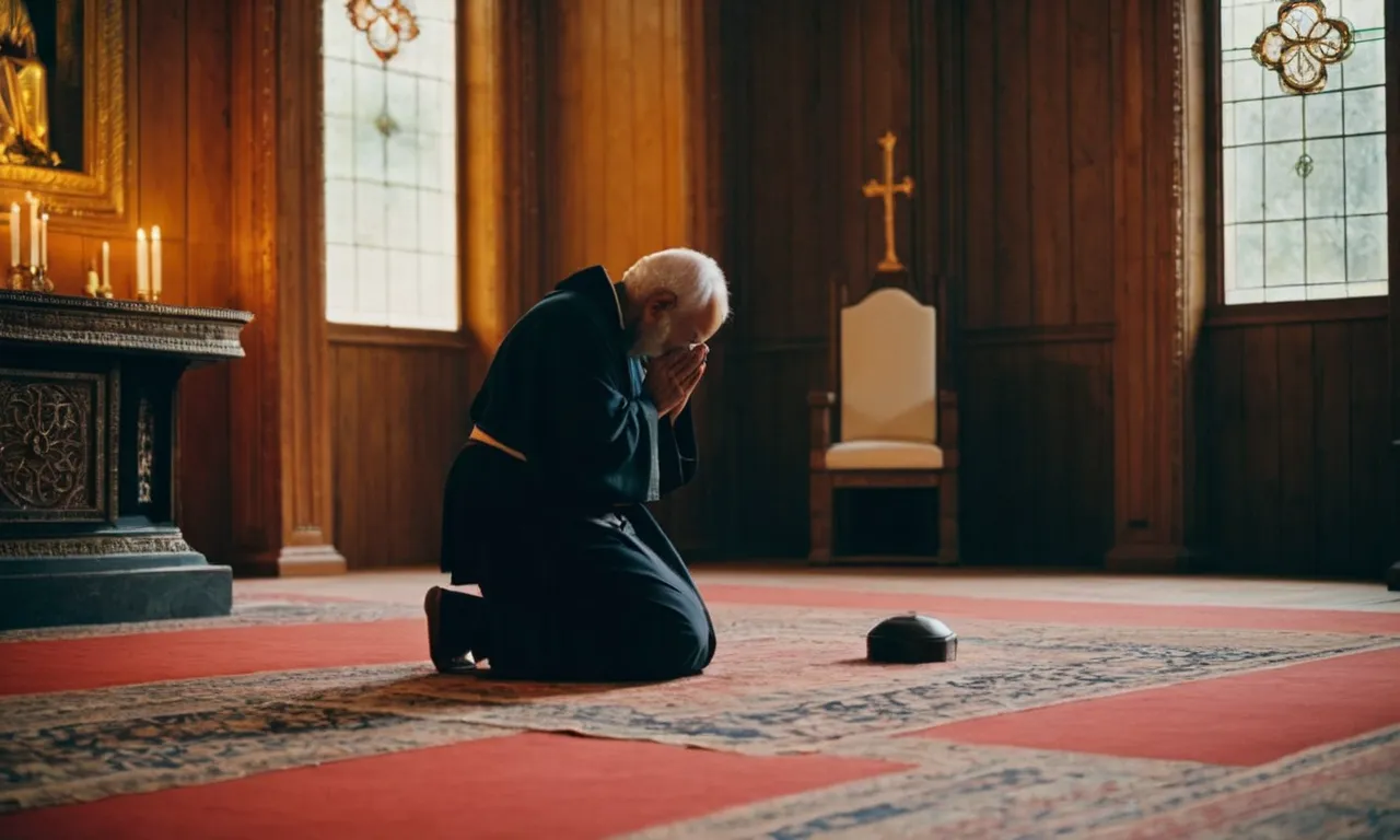 A photo capturing a solemn figure kneeling at a serene altar, bathed in warm light, symbolizing the process of forgiving God amidst personal struggles and finding inner peace.