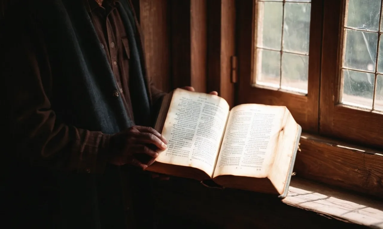 A captivating photograph portrays a pair of hands gently cradling a well-worn Bible, illuminated by a beam of sunlight streaming through a cracked window - symbolizing the quest for spiritual enlightenment and the tim