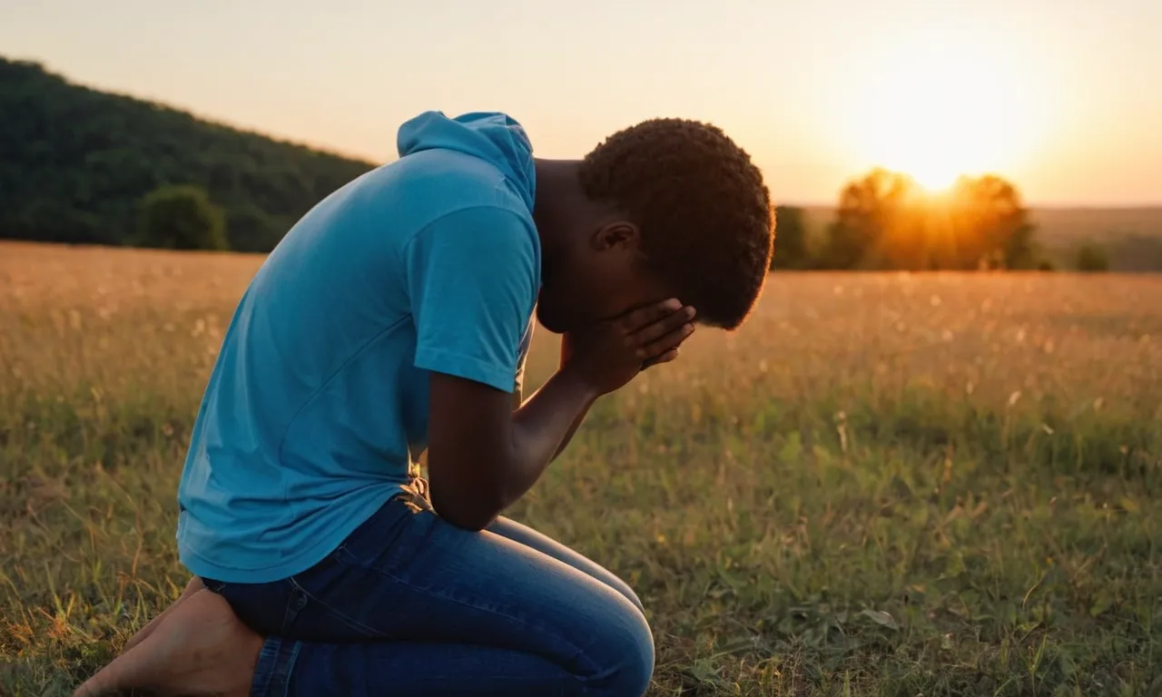 A teenager, kneeling in prayer, bathed in the soft glow of a sunset. With closed eyes and hands clasped, their face reflects the serenity and devotion that accompanies their quest to get closer to God.