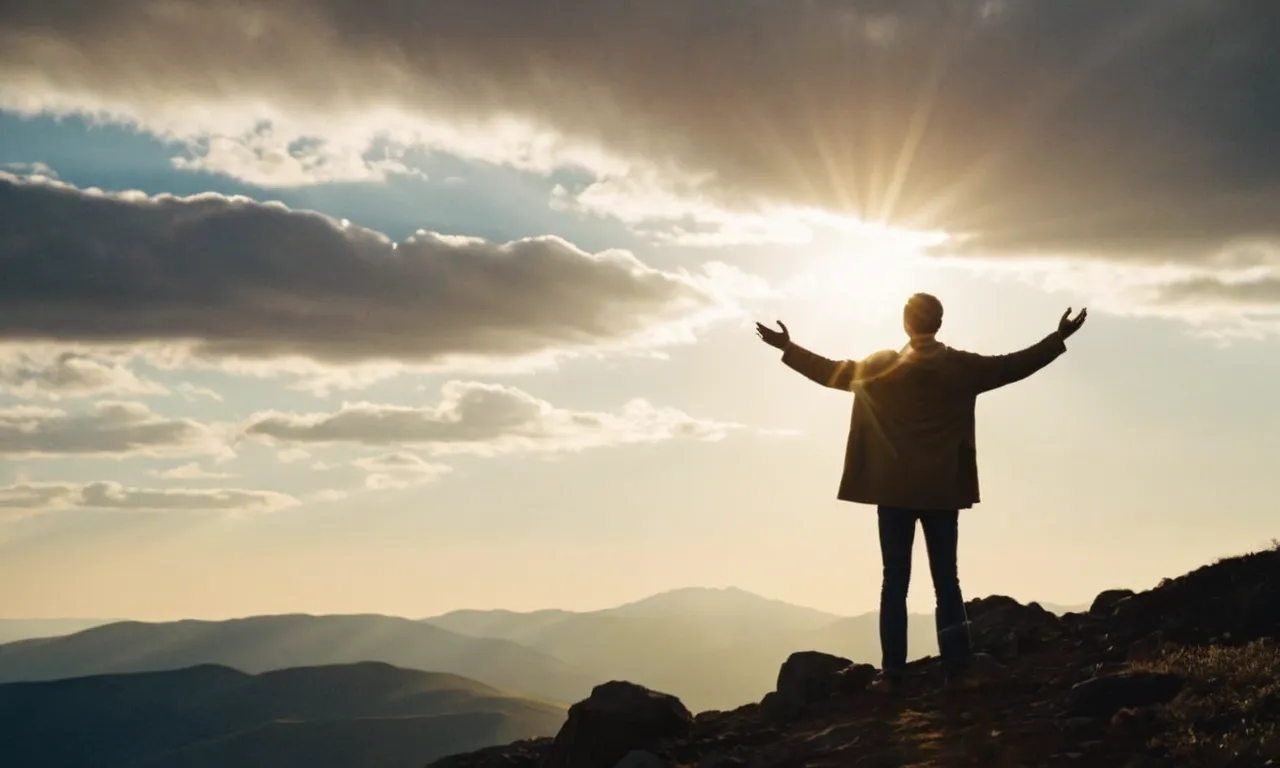 A serene image capturing a solitary figure standing on a mountaintop, bathed in golden sunlight, reaching out with arms outstretched towards the vast, awe-inspiring sky, symbolizing the journey to connect with a higher power.