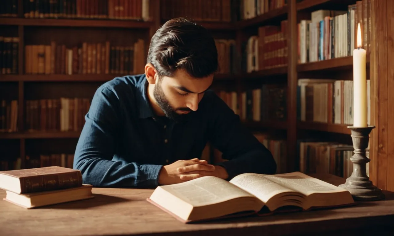 A serene photograph captures a person sitting in a sunlit corner, eyes closed in deep contemplation, surrounded by books, a Bible, and a flickering candle, creating a tranquil ambiance for quiet time with God.