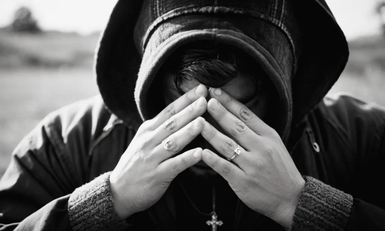 A black and white photo depicts a person kneeling in prayer, eyes closed and hands clasped, radiating a serene sense of surrender and trust in God's guidance.