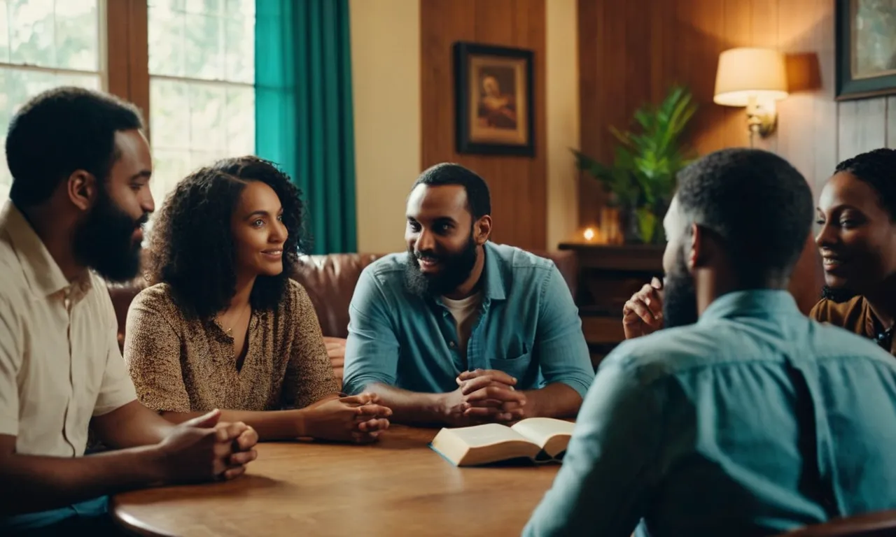 A photo capturing a diverse group of people sitting together, engaged in deep conversation, with a Bible open in the center, symbolizing the process of introducing Jesus to unbelievers through meaningful discussions.