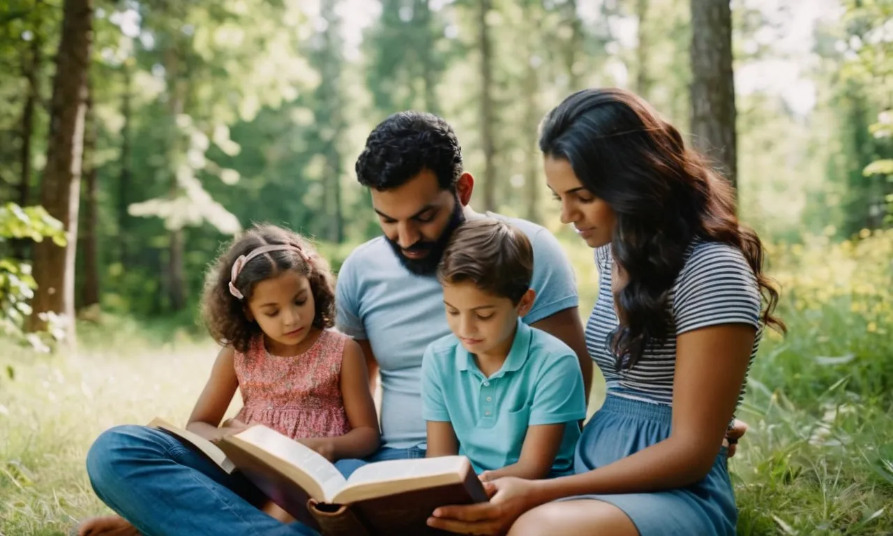 A photo of a family sitting together, reading the Bible, surrounded by nature, with serene expressions on their faces, embodying the peacefulness of keeping the Sabbath according to the Bible.