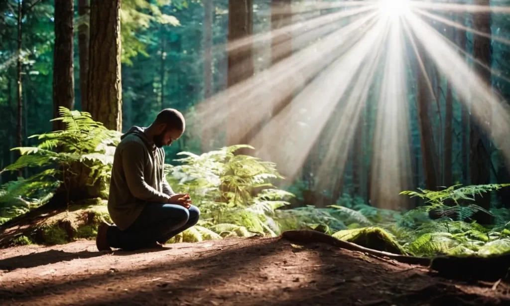 A photo of a person kneeling in prayer, surrounded by rays of sunlight filtering through a dense forest, symbolizing a divine connection and seeking guidance to discern if a dream is from God.