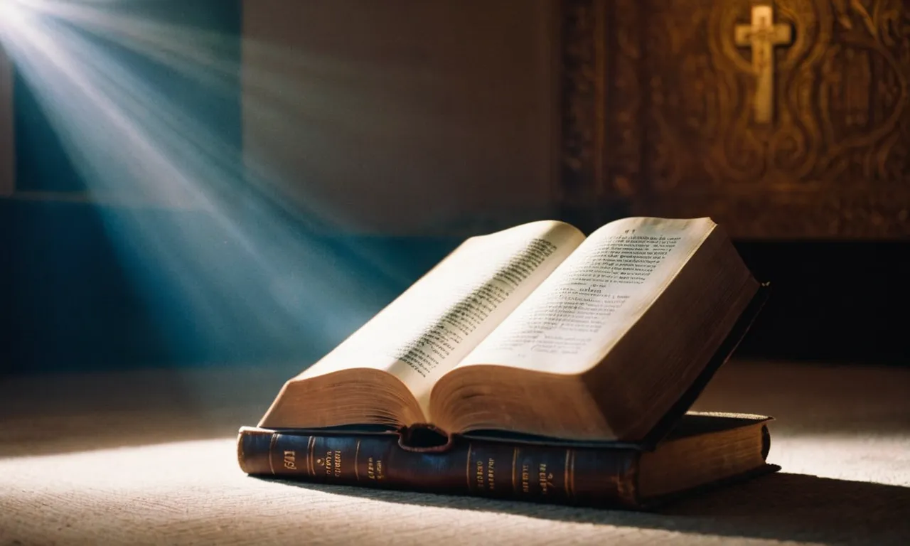 A photo depicting a person kneeling in a dimly lit room, with a beam of sunlight illuminating a Bible open to a specific verse, symbolizing the search for divine guidance.