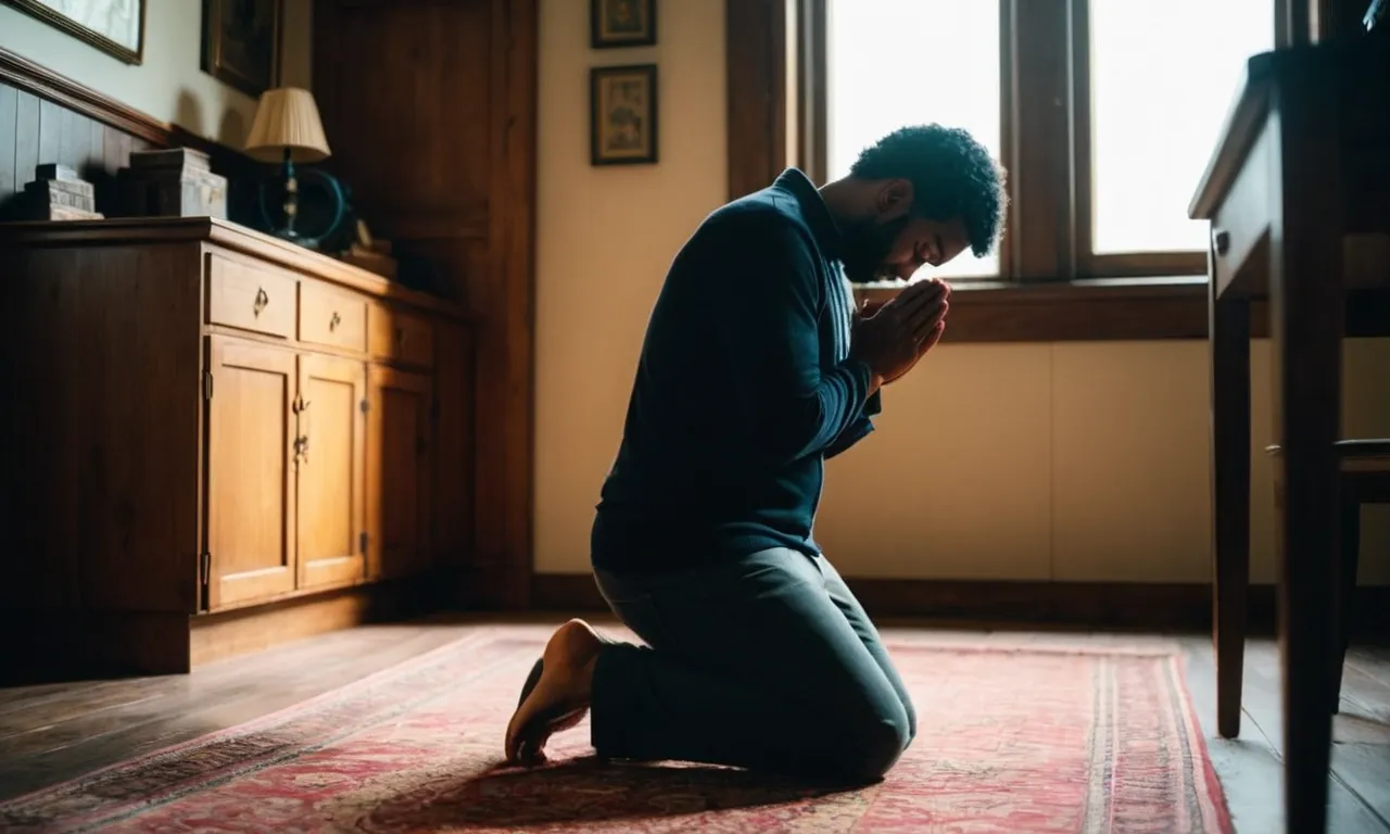 A photograph capturing a person kneeling in a dimly lit room, head bowed, hands clasped in prayer, seeking guidance and strength during a challenging moment, questioning if it is a test from God.