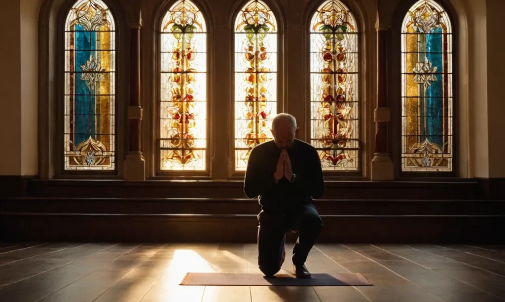 The photo captures a person kneeling in prayer, bathed in golden sunlight streaming through a stained glass window, symbolizing divine guidance and discernment in finding one's calling from God.