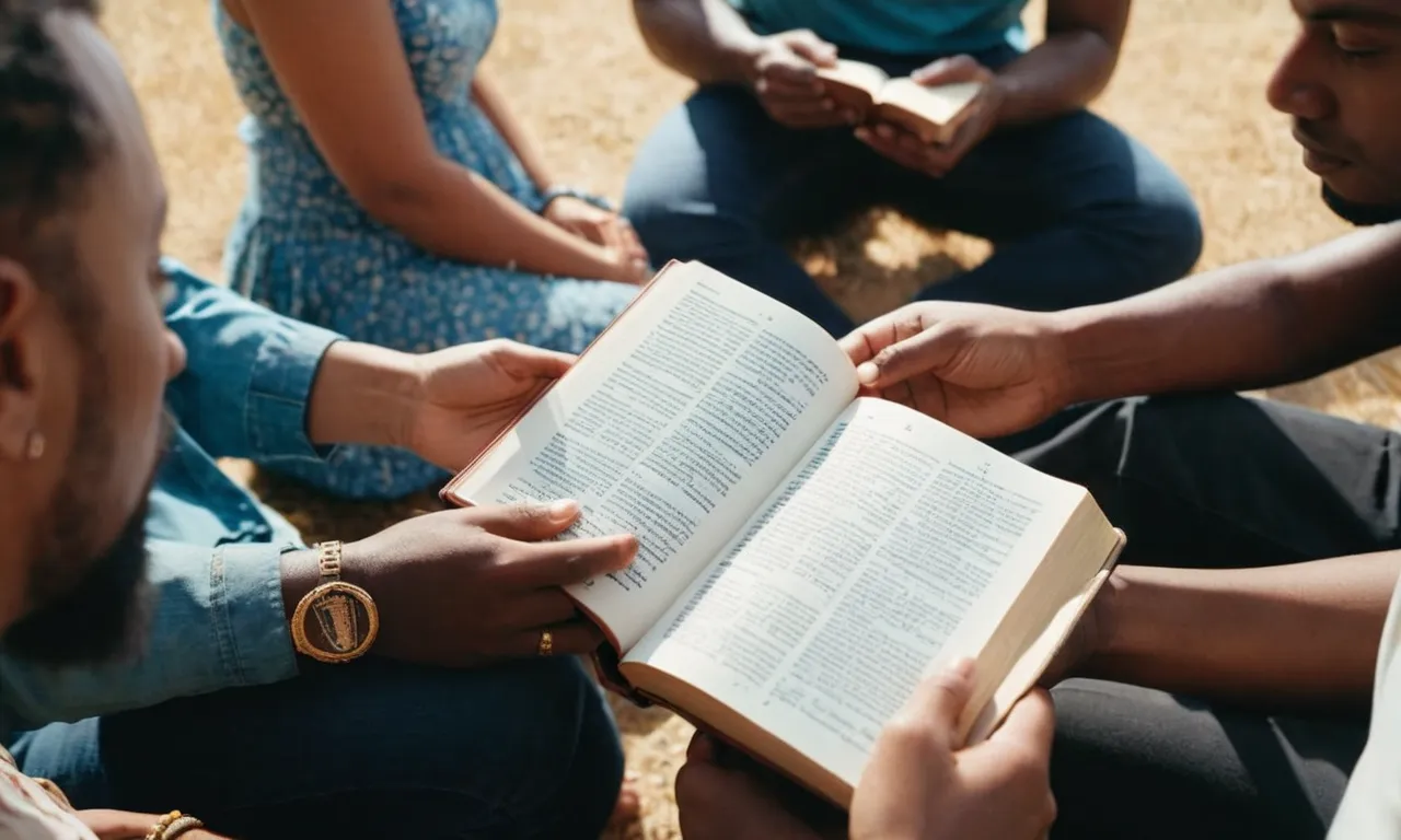 A close-up captures a group of diverse individuals sitting in a circle, their Bibles open, engaged in deep conversation and sharing insights during a Bible study session.