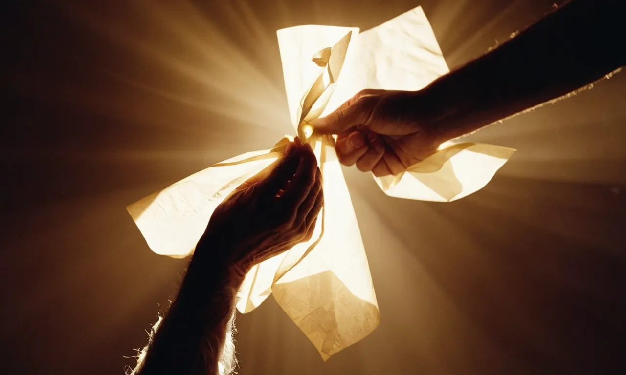 A serene landscape, bathed in golden rays of sunlight, captures a pair of hands releasing a crumpled paper, symbolizing surrender and trust in a higher power.