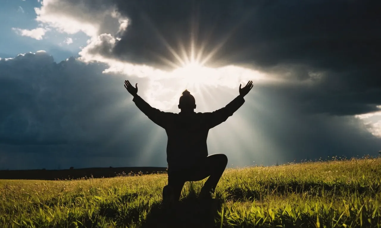 A silhouette of a person kneeling in a peaceful meadow, hands raised towards the sky as rays of sunlight break through dark storm clouds, symbolizing surrender and allowing God to fight their battles.