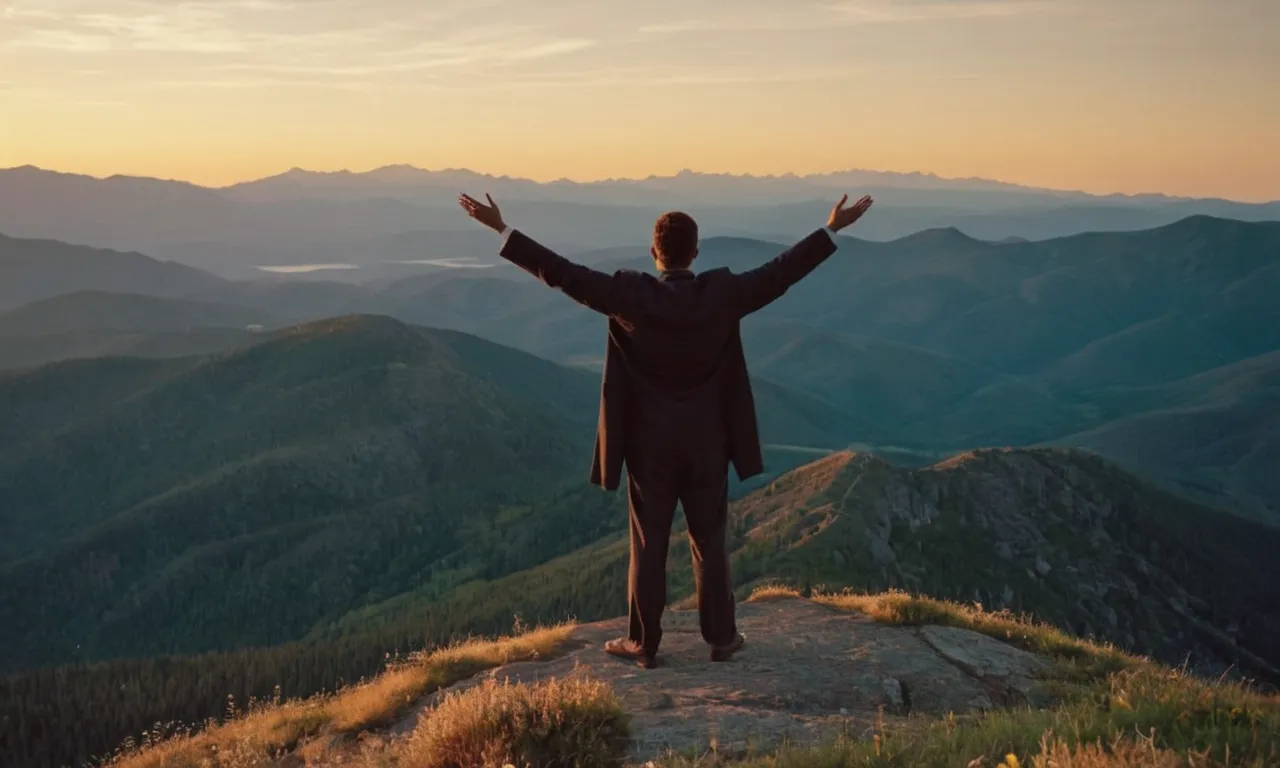 A serene sunset illuminates a solitary figure on a mountaintop, eyes closed and arms outstretched, in deep communion with nature, symbolizing the act of listening to God's whispers amidst the beauty of creation.