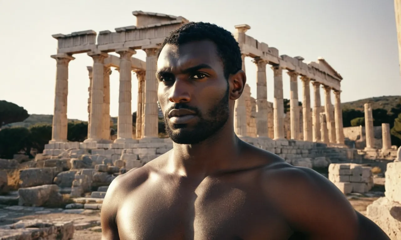 A majestic black and white photograph captures a sculpted male model, bathed in golden sunlight, standing against ancient Greek ruins, exuding strength, perfection, and timeless beauty.