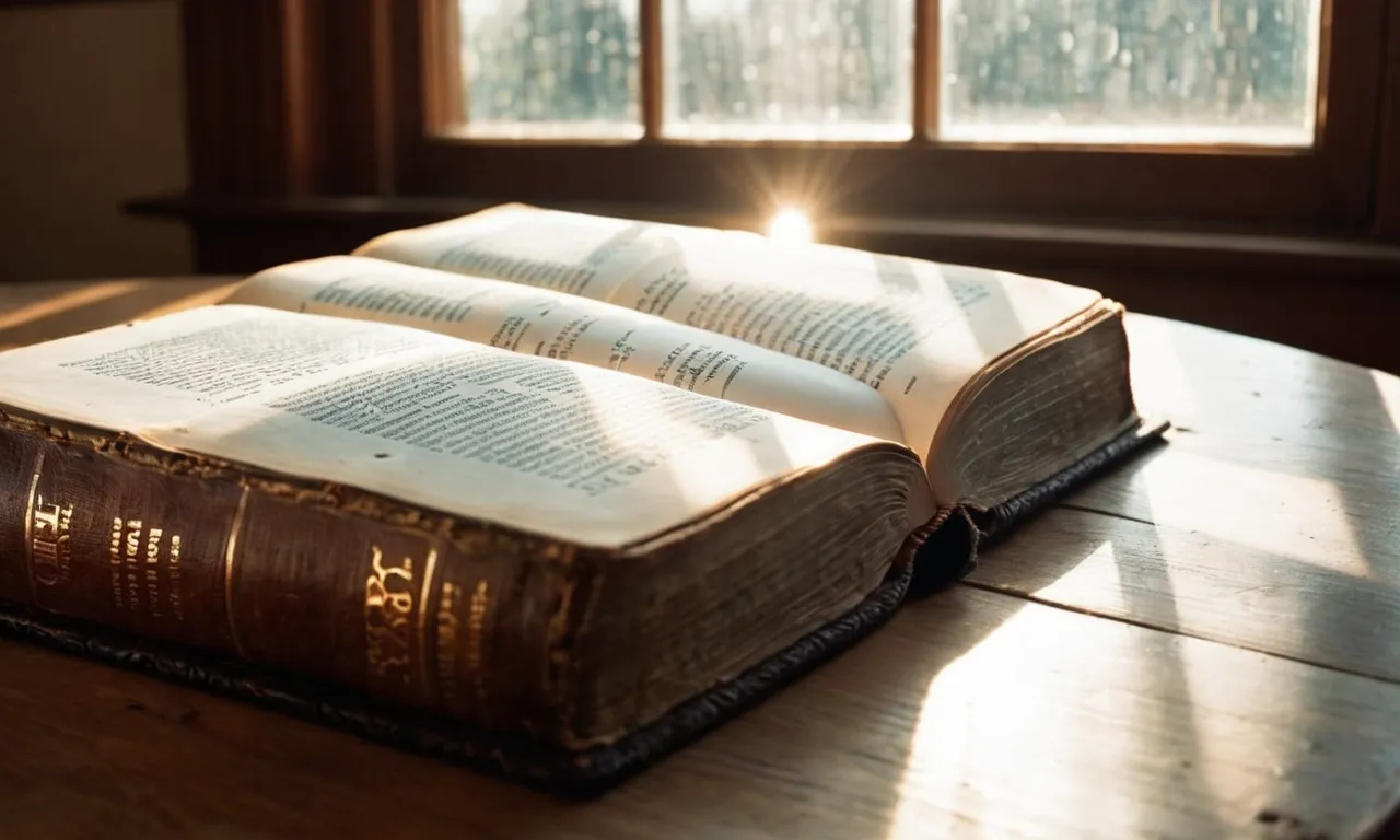 A photo of a well-worn Bible with sunlight streaming through a window, casting a warm glow on its pages, capturing the essence of finding love and guidance within its sacred words.