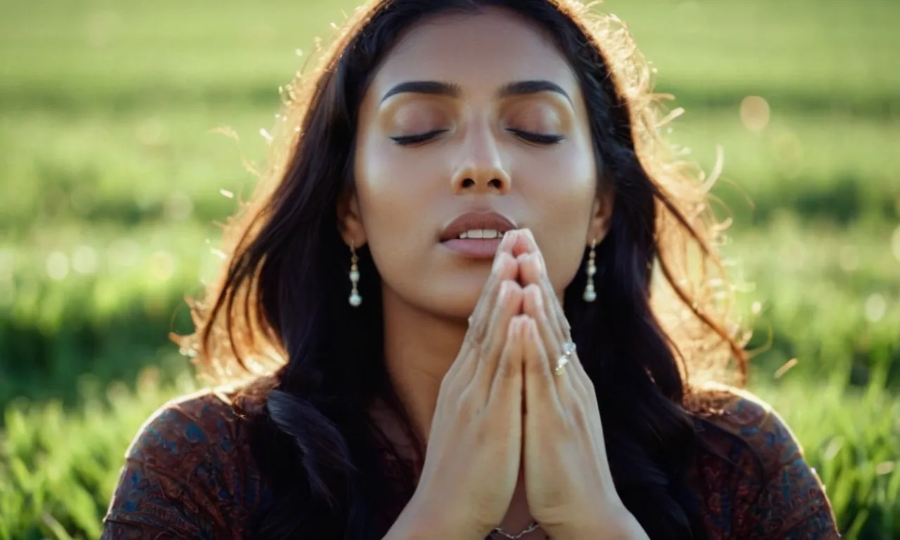 A photo capturing a person on their knees, hands raised to the sky, eyes closed in devotion, fully immersed in prayer, exemplifying how to love God with all their heart.