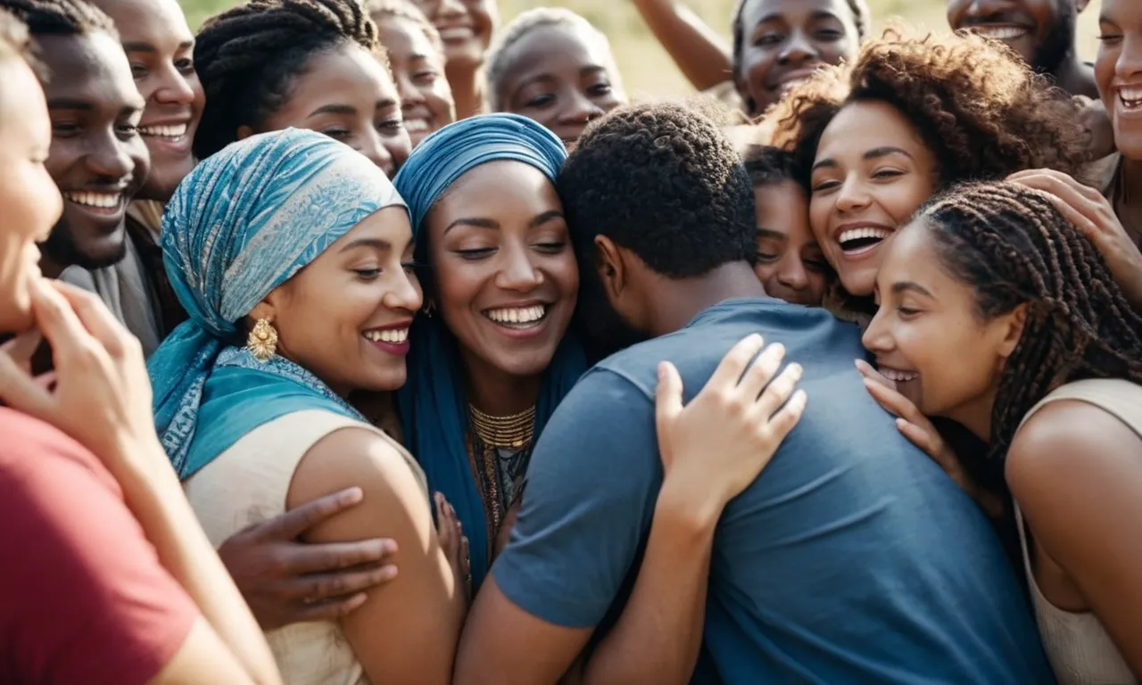 A photo capturing a diverse group of individuals huddled together, embracing, and sharing smiles, symbolizing the biblical message of unconditional love and unity among humanity.