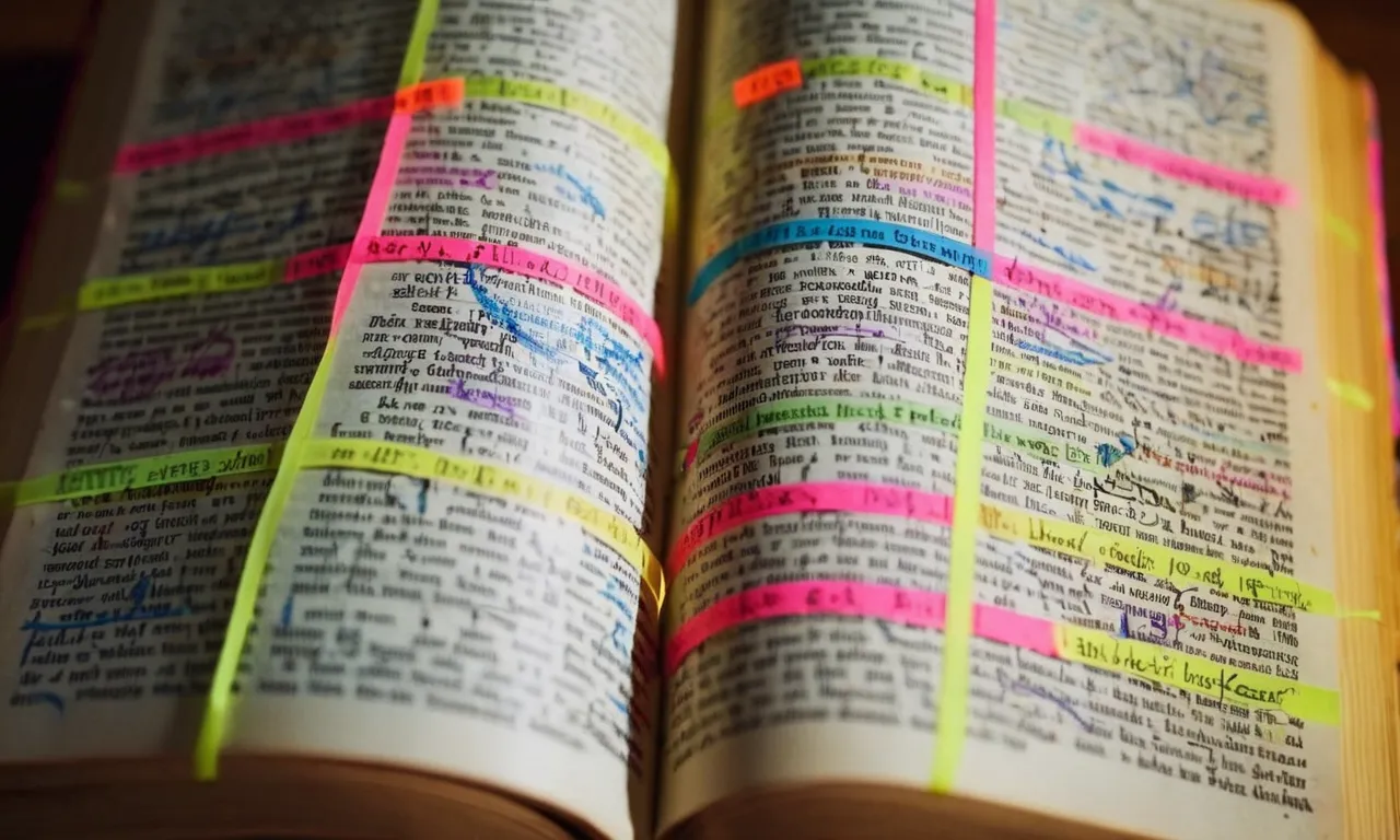 A close-up photo capturing a worn, dog-eared Bible page, adorned with colorful highlighter markings, underlined verses, and handwritten notes, showcasing a well-loved and studied spiritual journey.