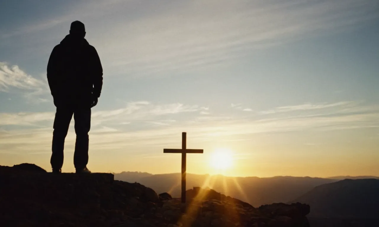 A powerful image captures a person's silhouette, standing on the edge of darkness, reaching towards a radiant light, symbolizing their journey of overcoming addiction with God's guidance and grace.