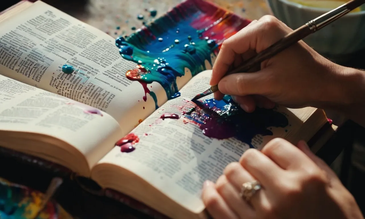 A close-up photograph capturing skilled hands delicately applying vibrant strokes of paint onto the pages of an open Bible, creating a masterpiece of faith and artistry.