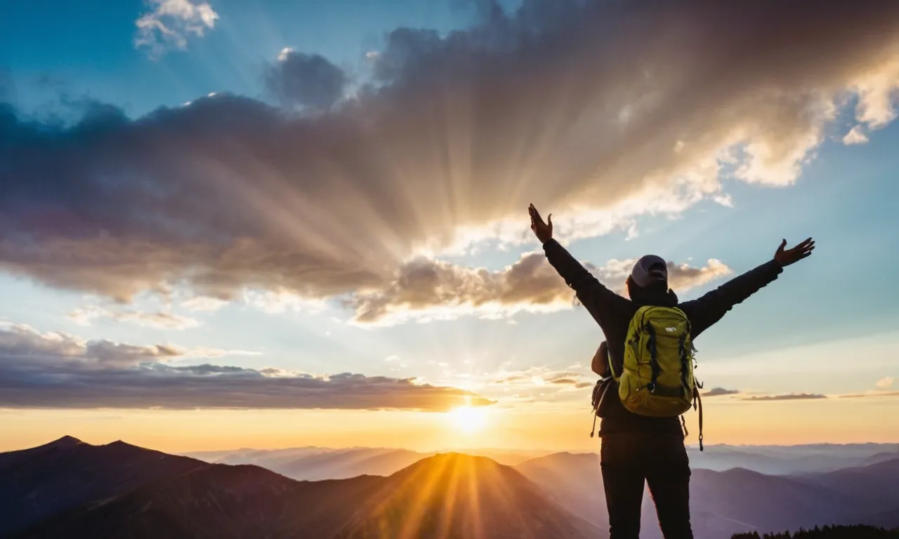 A breathtaking photo captures a radiant sunrise, illuminating a majestic mountaintop, as a person stands in awe, arms outstretched, praising God's magnificent creation.