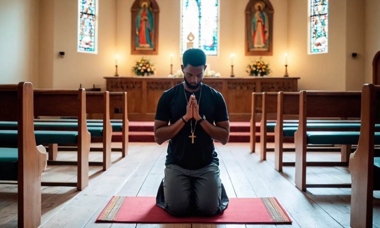 A photo capturing a person kneeling in a peaceful chapel, clasping their hands, eyes closed in deep concentration, as they meditate and pray scripture back to God.