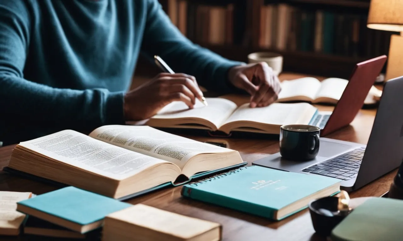 A photo of a person sitting at a desk, surrounded by open Bibles, notebooks, and a laptop, organizing and typing a Bible study lesson plan PDF.