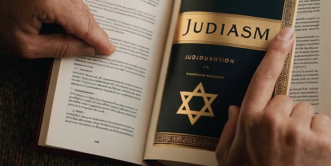 A close-up photo of a person holding a book titled "Judaism" while pointing at the pronunciation guide, emphasizing clarity and understanding.