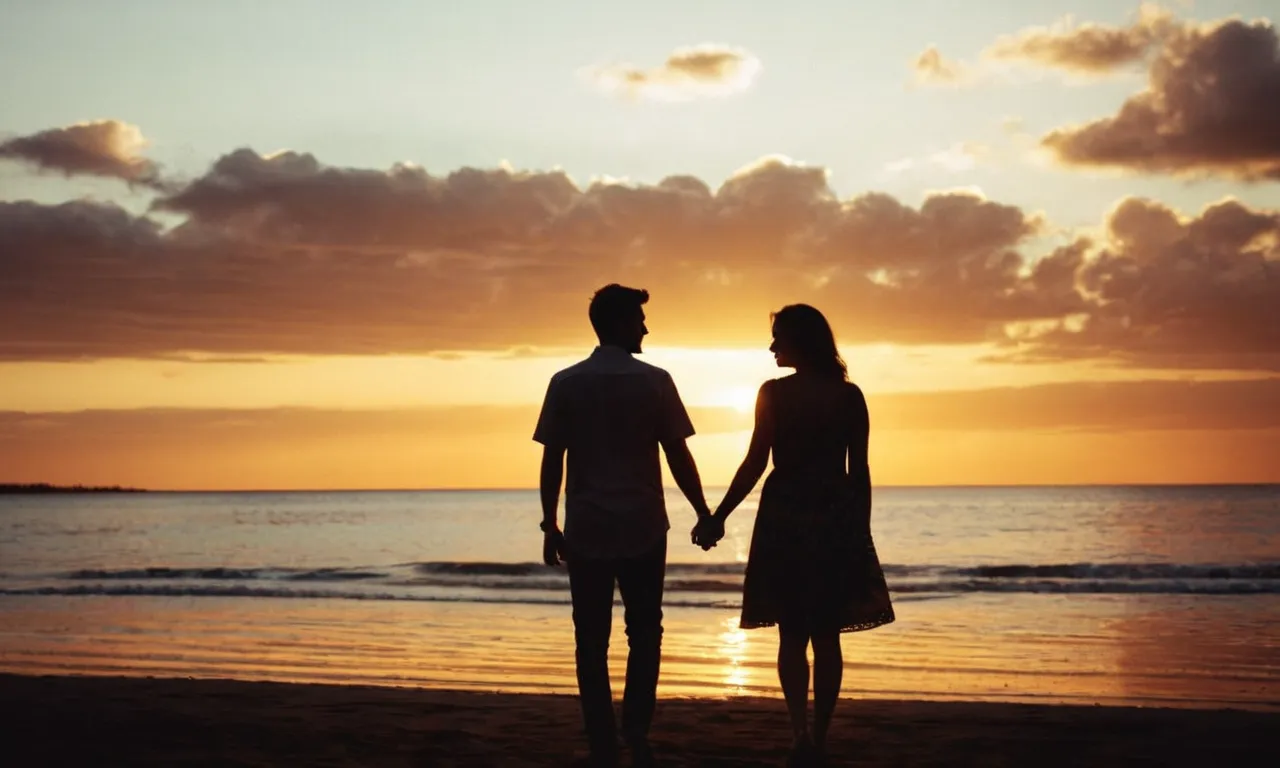 A photo capturing a couple holding hands, silhouetted against a breathtaking sunset, symbolizing their commitment to prioritize their faith and keep God at the center of their relationship.