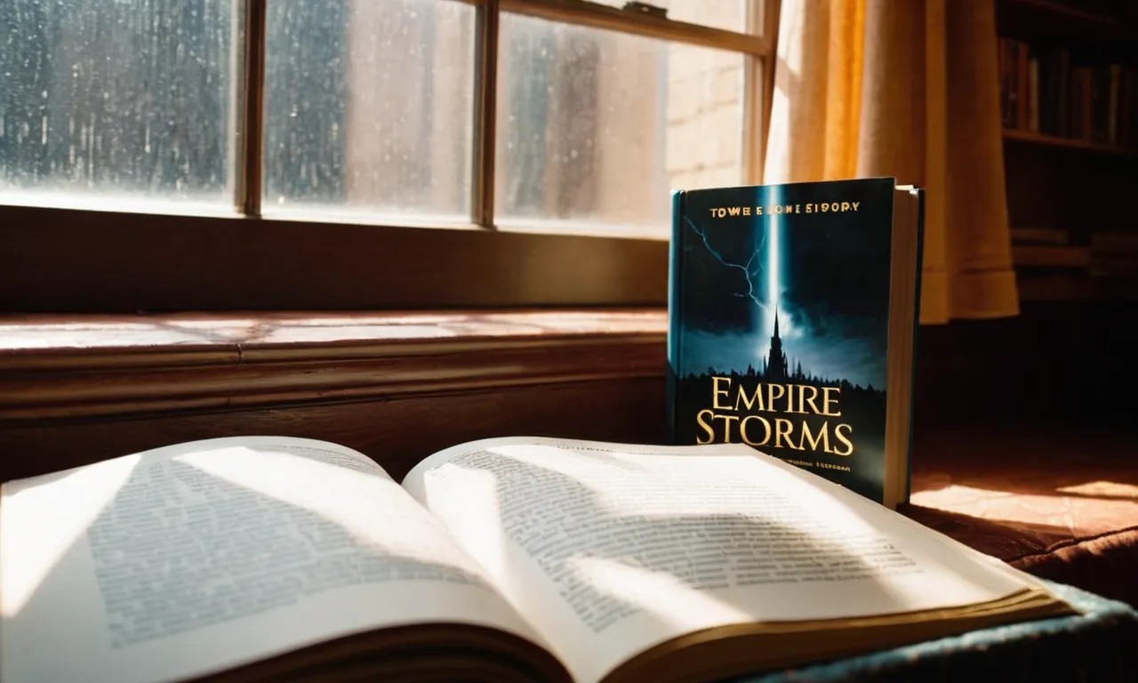 A well-worn copy of "Empire of Storms" rests on a cozy window seat, bathed in warm sunlight; nearby, "Tower of Dawn" lies open, its pages inviting exploration.