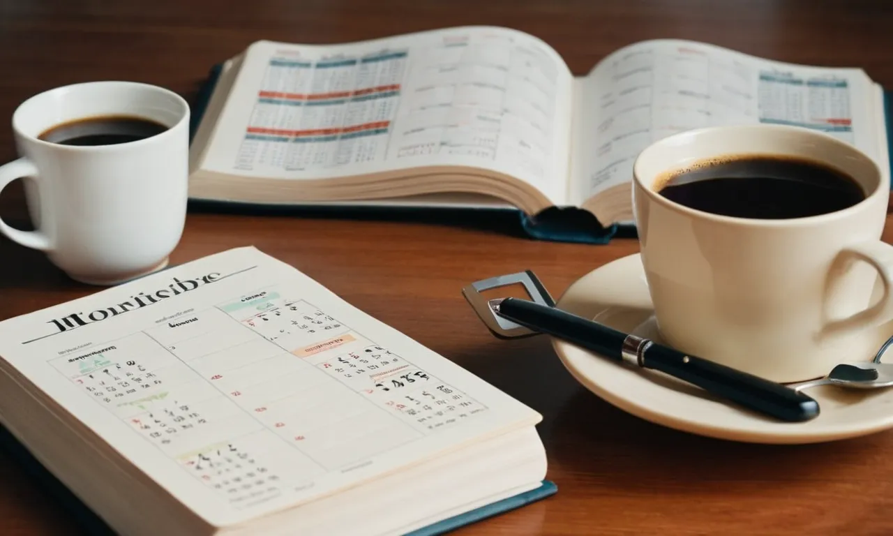 A photo of an open Bible with a bookmark on the first page, surrounded by a calendar, clock, and a cup of coffee, symbolizing commitment, time management, and nourishment for a year-long journey.
