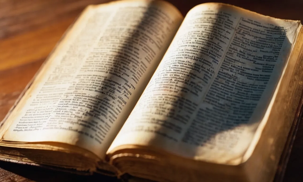 A close-up shot of a worn-out Bible, pages delicately flipped, sunlight streaming through the window, casting a warm glow on the intricate script, inviting the viewer to embark on a spiritual journey.