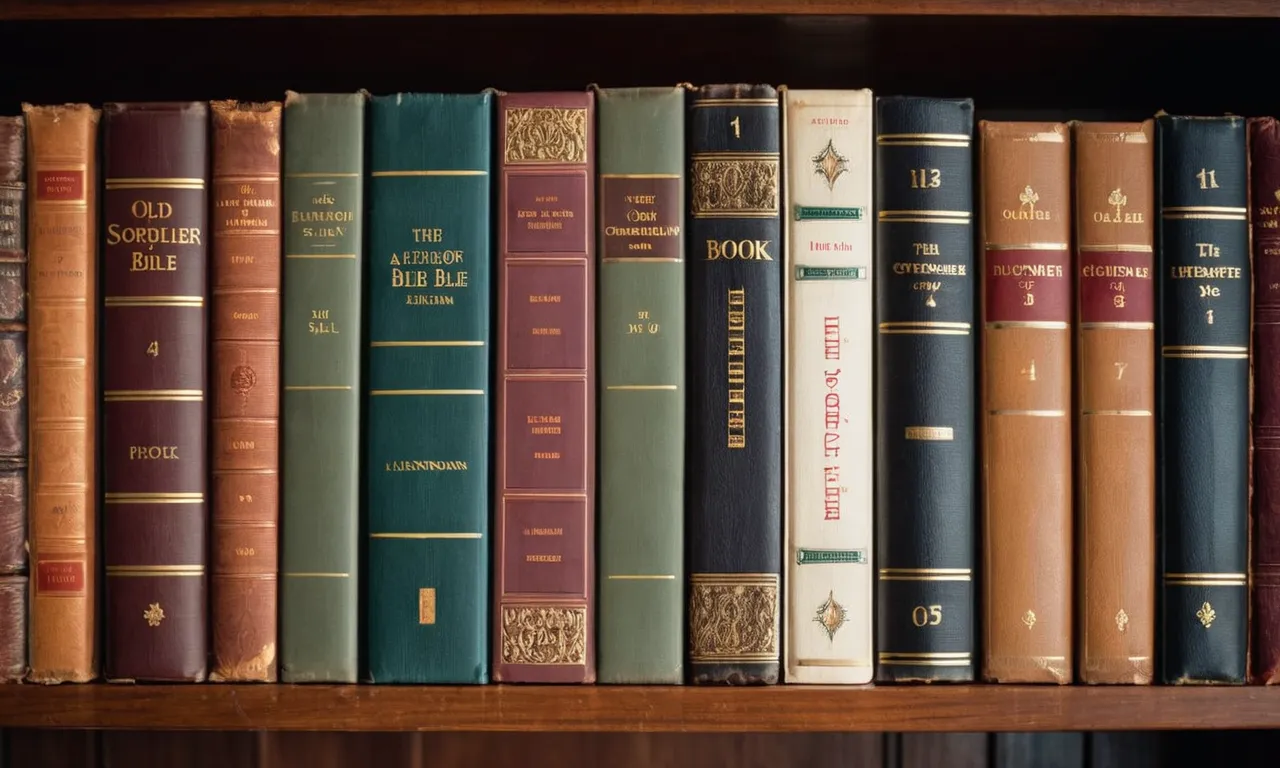 A close-up photo of a vintage bookshelf showcasing neatly lined up old books, each one displaying a different book of the Bible, emphasizing the importance of organized knowledge.