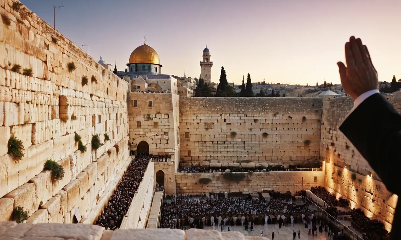 The photo captures a serene sunset over Jerusalem's Western Wall, where a devout worshipper raises their hands in prayer, proclaiming "Hallelujah" - a heartfelt praise to God in Hebrew.