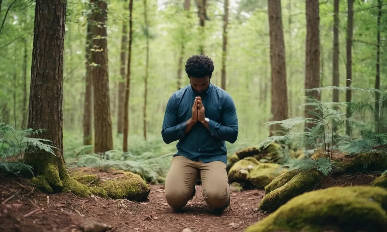 A photo capturing a person kneeling in a peaceful forest, eyes closed and hands folded in prayer, showing their devotion and determination to seek God with their entire being.