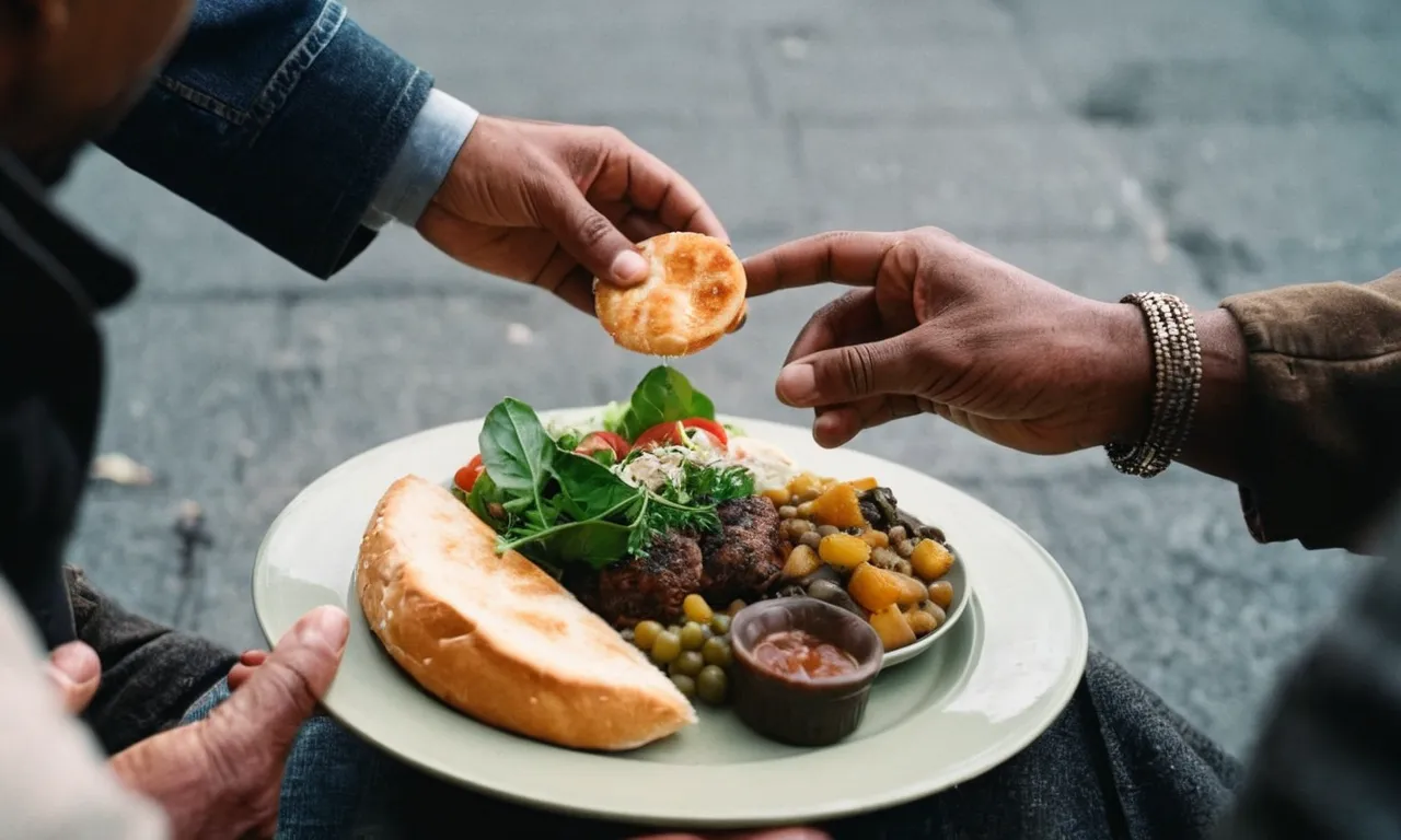 A captivating photo of hands tenderly serving a plate of food to a homeless person, radiating compassion and selflessness, embodies the essence of serving God.