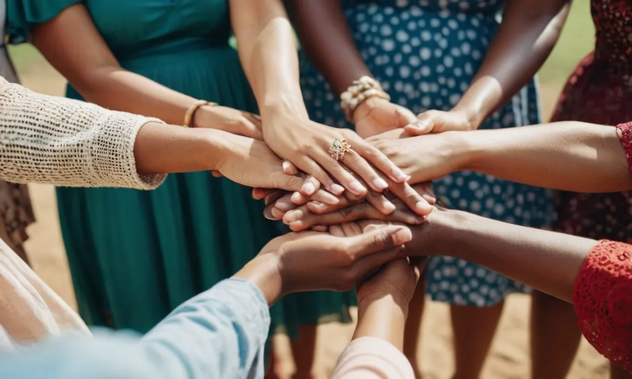 A photo of a diverse group of people, holding hands and smiling, radiating kindness and compassion, capturing the essence of showing God's love to others.