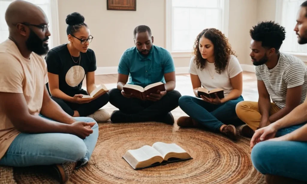 A photo of a diverse group of individuals sitting in a circle, with a Bible open in front of them, engaged in a deep discussion, reflecting the beginnings of a Bible study group for beginners.