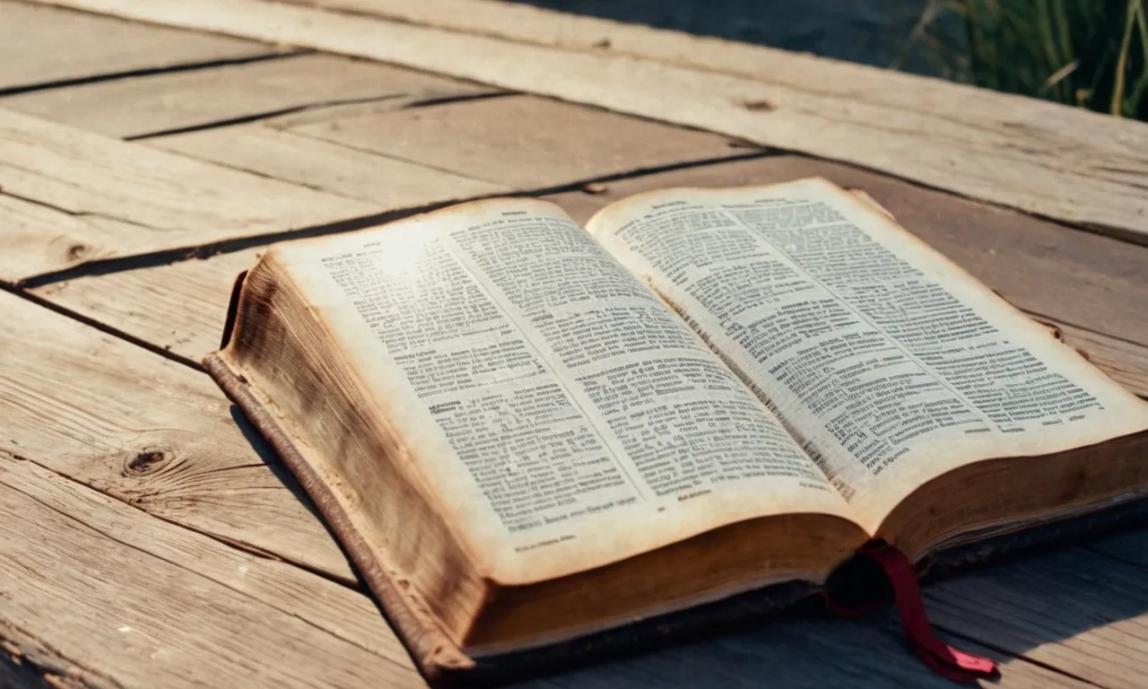 A close-up photo of a weathered, worn Bible lying on a rustic wooden table, bathed in soft sunlight, inviting the viewer to rediscover its wisdom and embrace the joy of reading it again.