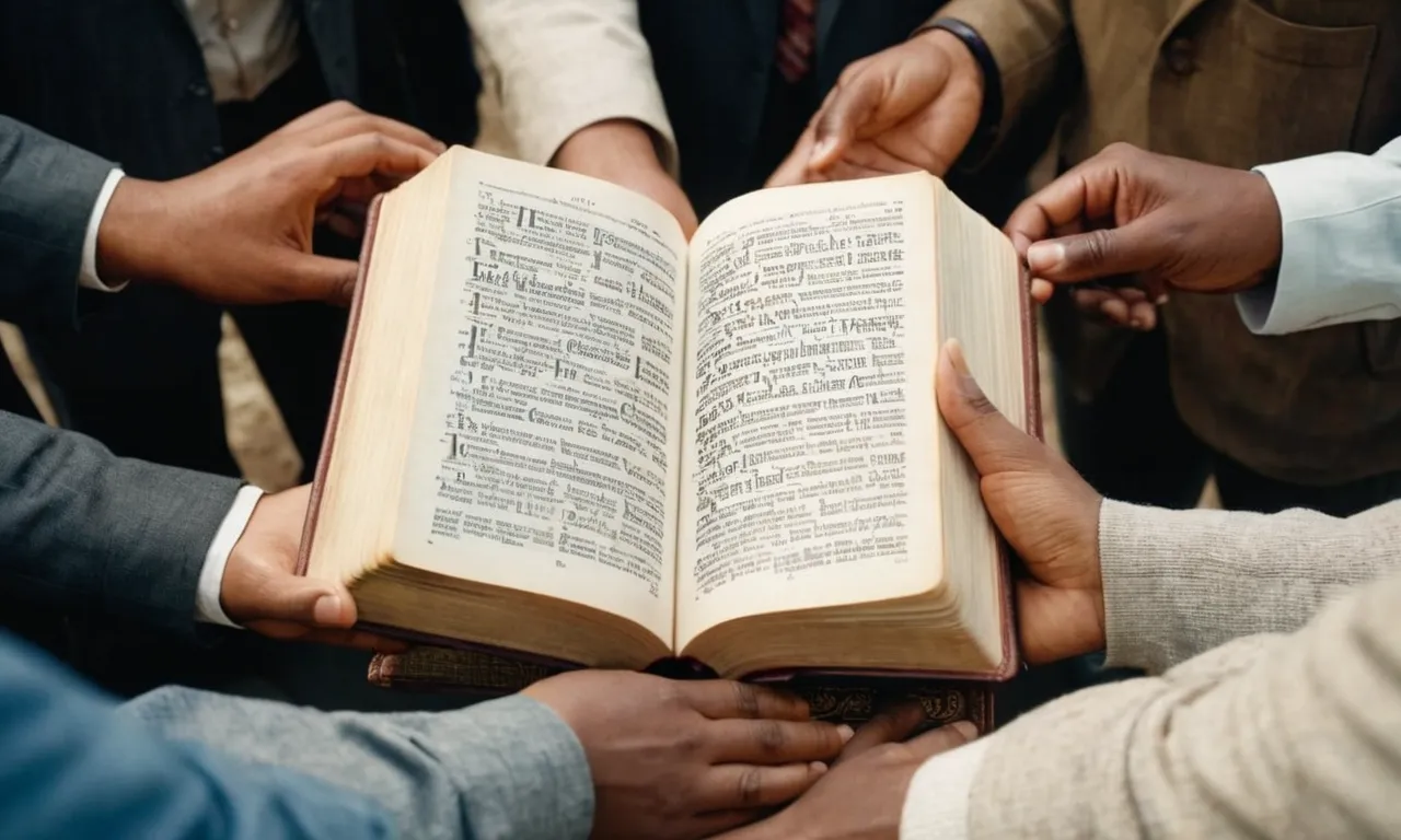 A photograph capturing an open Bible with highlighted verses on love and compassion, surrounded by diverse individuals embracing each other, symbolizing the message of stopping judgment and embracing unity.