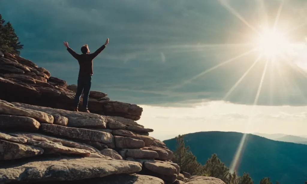 A serene image of a person standing on a rocky cliff, arms outstretched towards the sky, as the sun's rays pierce through dark clouds, symbolizing surrendering worries and finding trust in God's guidance.