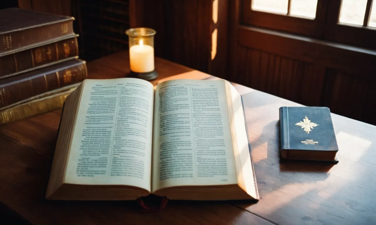 A photo of a person sitting at a wooden desk, surrounded by open Bibles, study guides, and a notebook, with a ray of sunlight illuminating the pages, symbolizing the beginning of a journey to study the Bible.