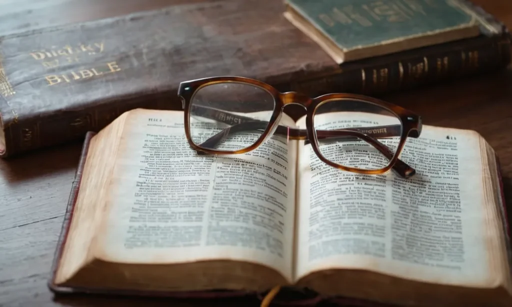 A close-up shot of a worn-out Bible, open to a specific verse, with a pair of reading glasses resting on it, symbolizing the focused and diligent approach to studying the Bible verse by verse.