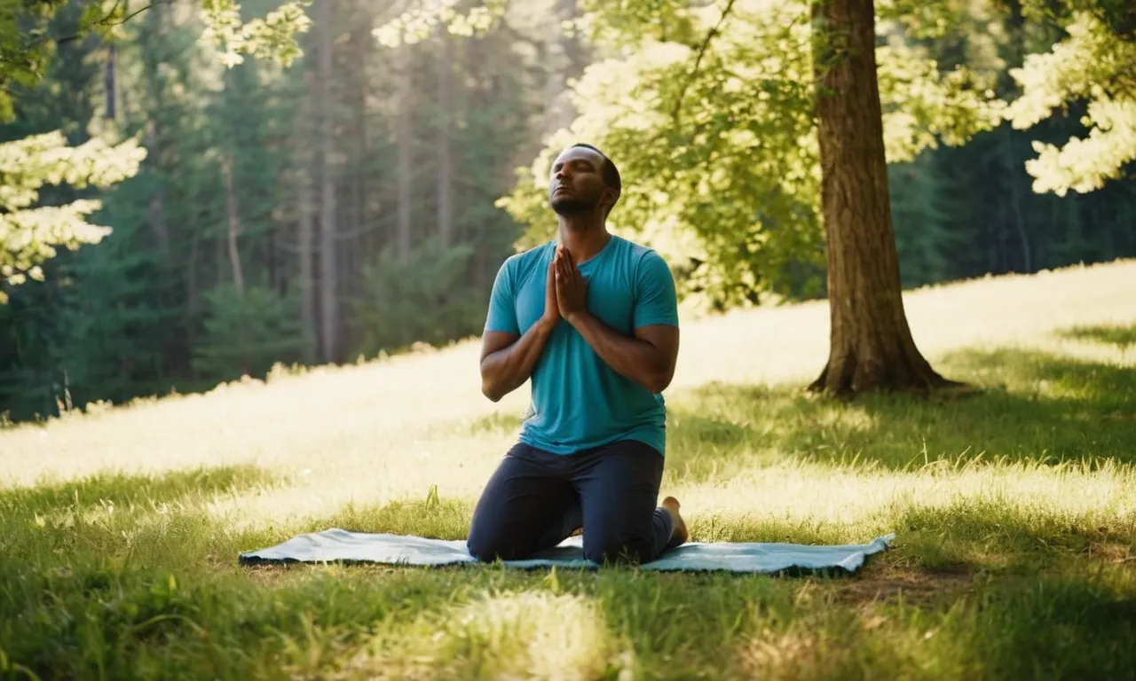 A photo capturing a person kneeling in prayer, hands raised, eyes closed, surrounded by serene nature, symbolizing the act of surrendering to God's guidance and finding peace in divine surrender.