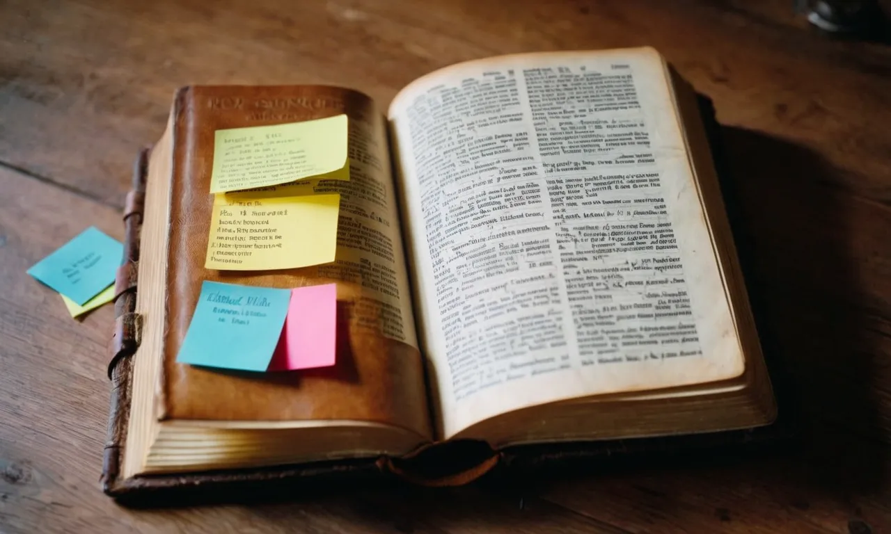 A close-up of a worn leather Bible, its pages filled with colorful sticky notes and underlined verses, capturing the essence of studying and taking insightful notes on the sacred text.