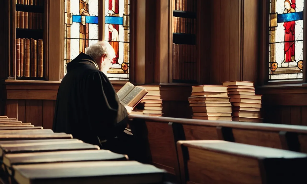 A photo of a person sitting on a wooden bench, sunlight filtering through stained glass windows, engrossed in reading the Bible, surrounded by stacks of books on theology and faith.